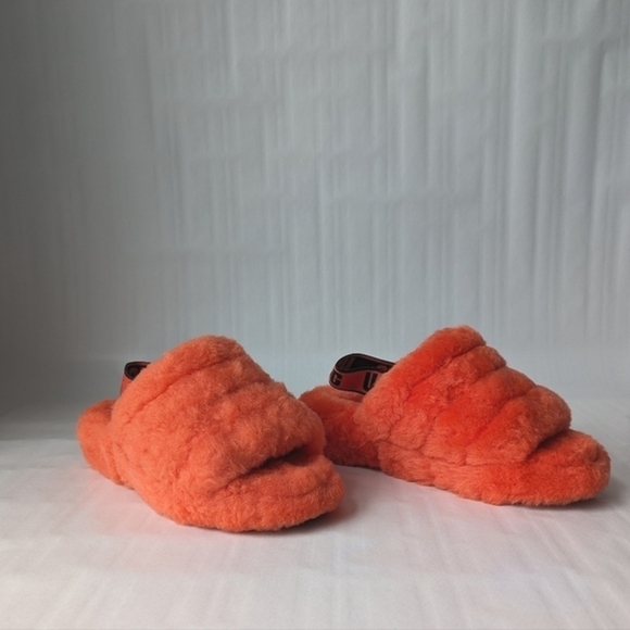 Ugg Fluff Yeah Slide Furry Fuzzy Slipper, Graphic Logo Elastic Strap Hazard sz 6 - Picture 4 of 10